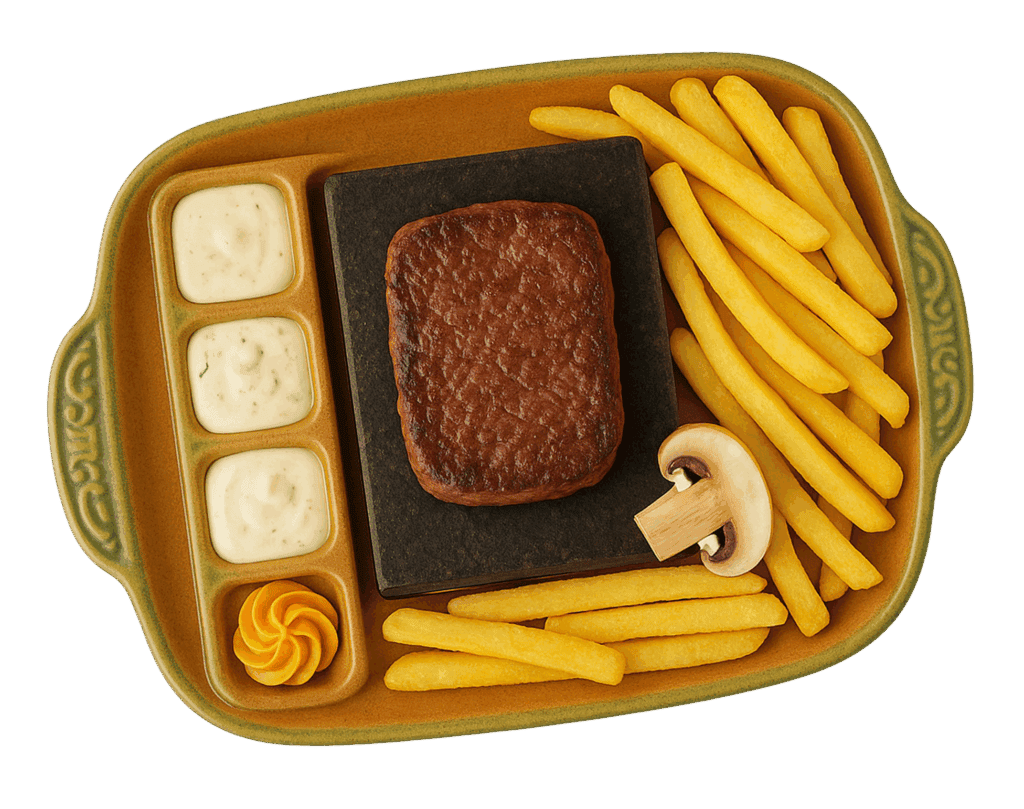 Húsbrokoli- és sültkrumpli fogás Nosztalgia Étteremben Sajátos konyha és autentikus környezet, ízletes húsételekkel és friss sültkrumplival, kellemes hangulatban.