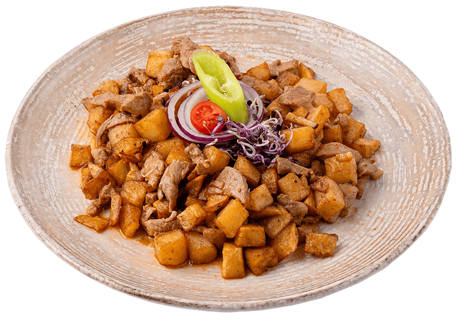 Sült krumpli pestos marhahússal és friss zöldségekkel, hagyományos magyar étel a Nosztalgia Étteremben.