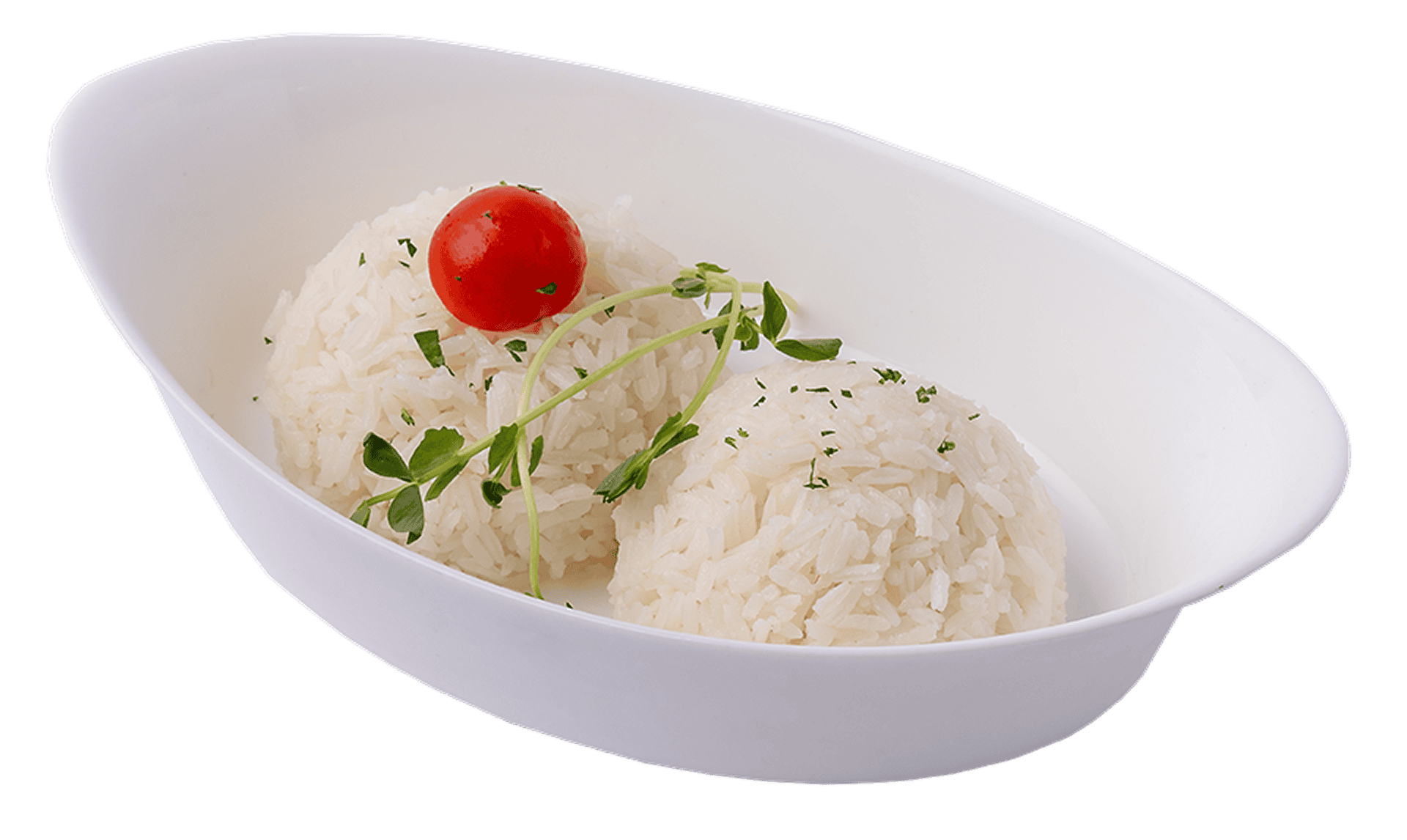 Friss fehér rizs díszített cseresznyepaprika és zöldfűszerek mellett a Nosztalgia Étteremben.