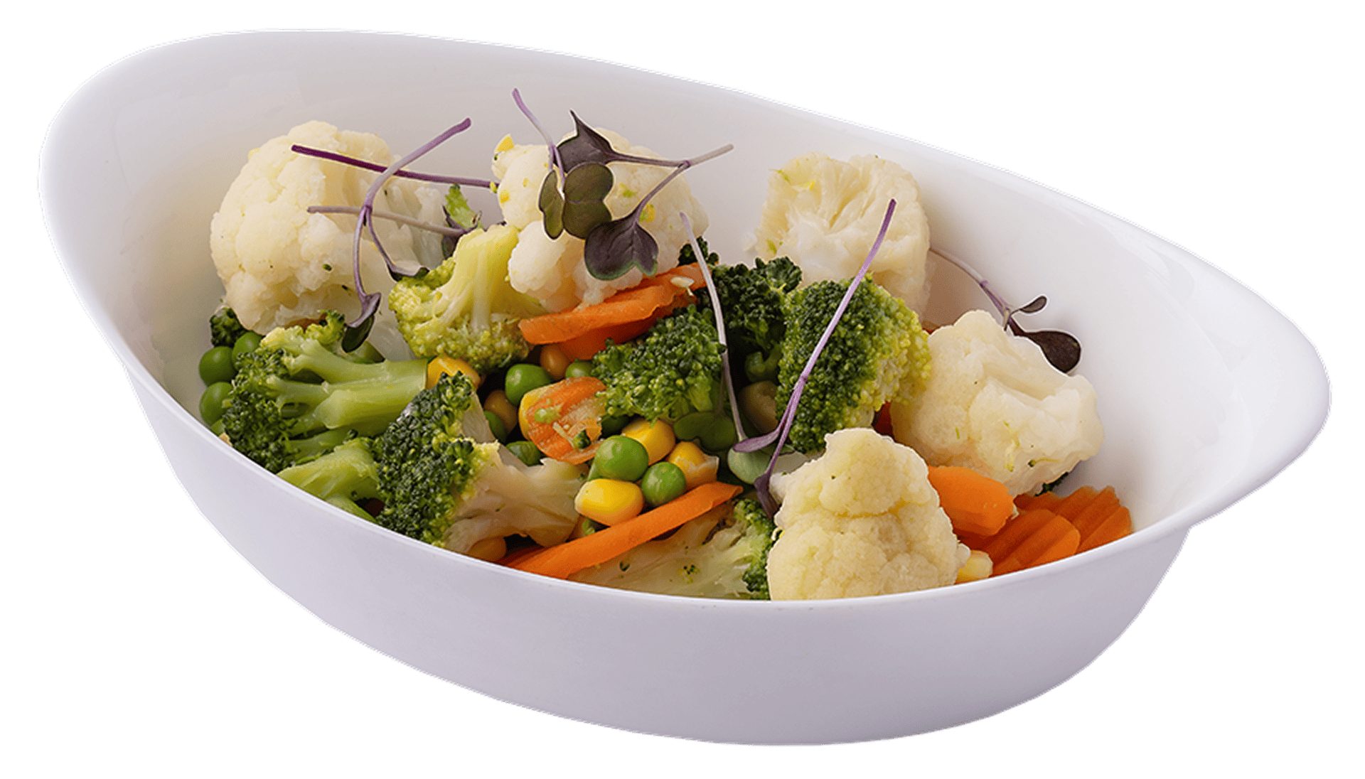 Frissovázolt zöldségek, brokkoli, karfiol, répa és paprika egy fehér tálban, egészséges ételek az Nosztalgia Étteremben.