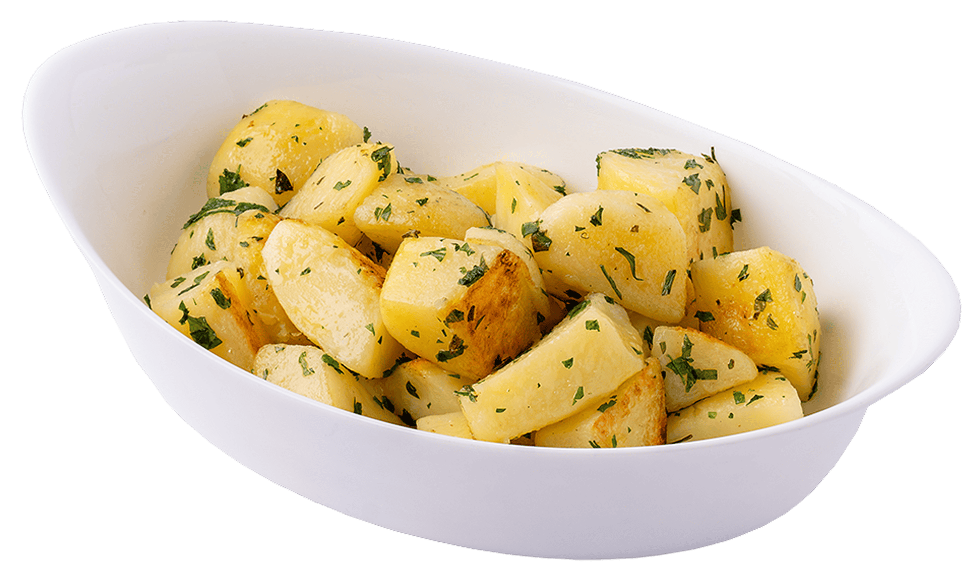 Főtt krumpli petrezselyemmel egy fehér tálban, hagyományos magyar étel, éttermi ajánlat.