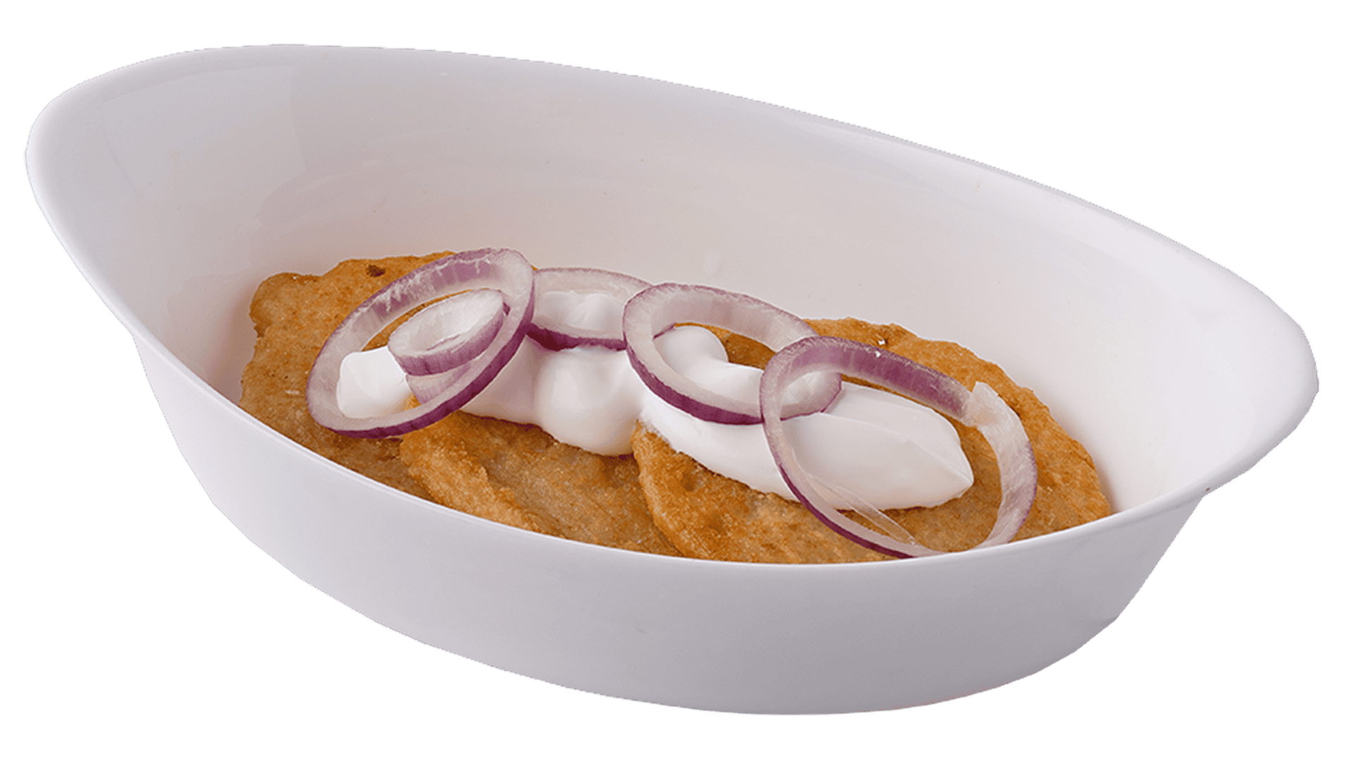 Fagylalt pirított kenyéren hagymával és tejföllel, hagyományos magyar étel, Nosztalgia Étterem kínálatában.