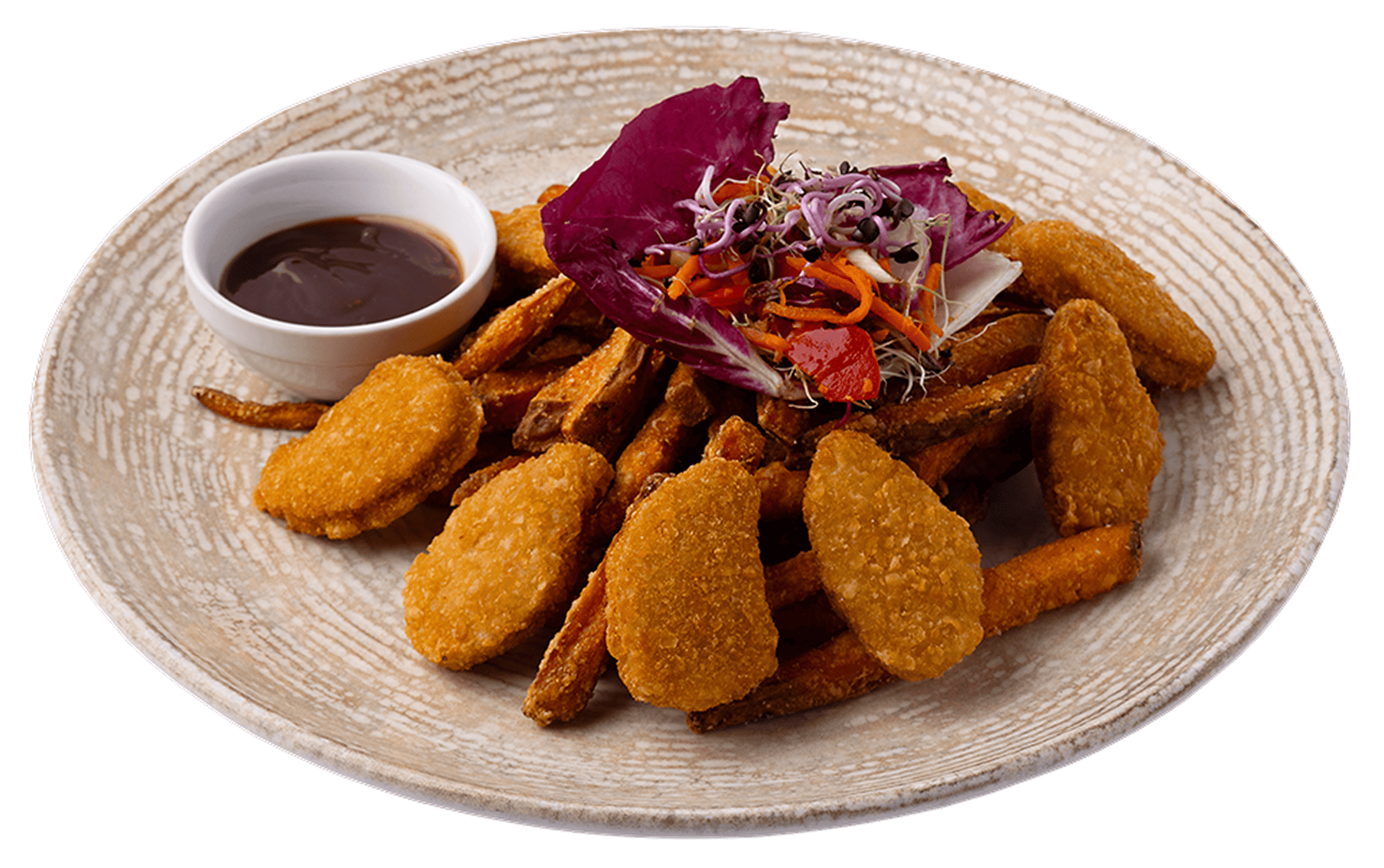 Lágy rántott halfilé, sült hasábburgonya, friss saláta és szójaszósz, nosztalgikus éttermi hangulatban, autentikus magyar étterem.